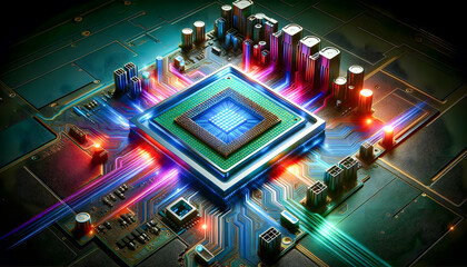 A CPU on a motherboard with radiant neon light trails and electronic components.