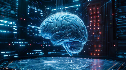 In a powerful display of technology, a realistic brain model hologram, surrounded by neural network streams, basks in majestic, cinematic lighting
