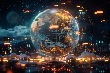 In a scene illuminated by cinematic light, a futuristic globe highlights carbon credit success stories, merging digital elegance with a powerful, majestic realism