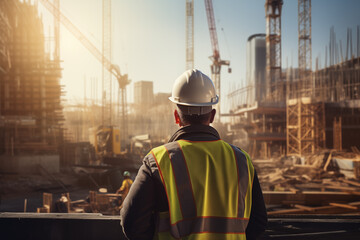 A construction worker in a yellow helmet and reflective vest surveys a large building site with cranes