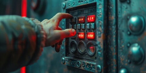 An individual pressing a button on a machine with doors and locks visible. - obrazy, fototapety, plakaty