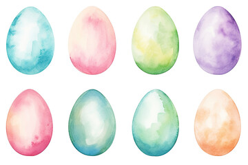 A collection of Easter eggs painted in soft watercolor pastels, offering a fresh, springtime vibe for seasonal projects and decor. Easter decorations. For digital products as emojis, stickers. - obrazy, fototapety, plakaty