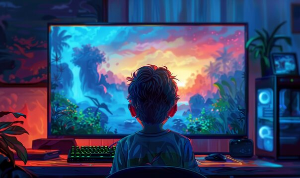 A child sitting in front of the computer, playing games on his monitor
