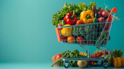 Full shopping trolley with fresh produce against an inviting cool cyan background