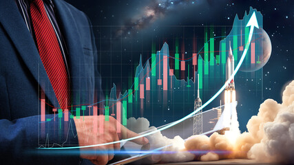 Businessman with stock trade chart grow up display with space rocket taking off, night sky with milky way background	