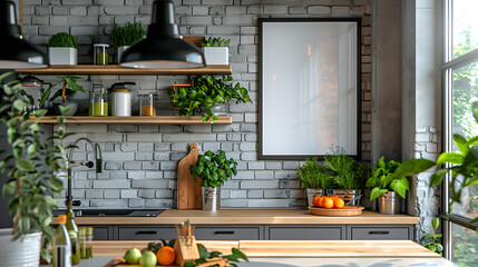 Modern Kitchen Shelves with Fresh Herbs and Plants
