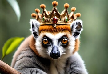 Naklejka premium A crowned lemur perches gracefully on a branch, its distinctive crown of fur framing its regal features, captured in stunning high-definition detail by the camera