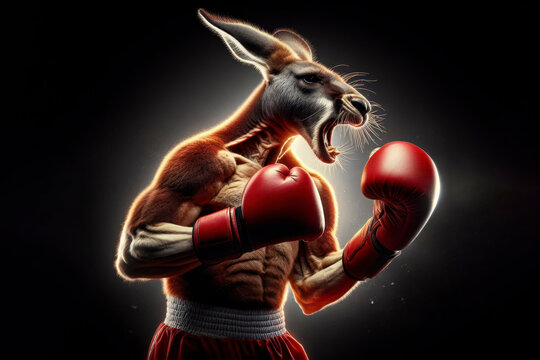 Angry Kangaroo in boxing gear on solid black background. ai generative