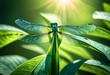 A dragonfly perched delicately on a lush green leaf, its iridescent wings shimmering in the sunlight