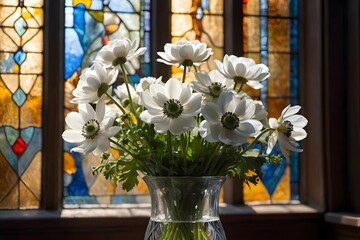 Bouquet of white anemone in vase, stained glass window