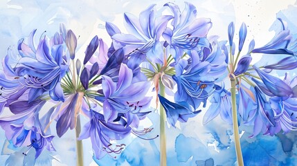 Watercolor agapanthus artwork bringing to life the striking beauty of these blooms against a clear sky