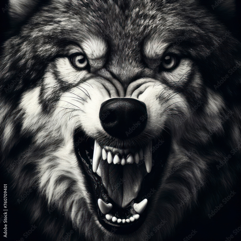 Canvas Prints closeup of wolf ready to attack roar angry isolated on solid black background. ai generative