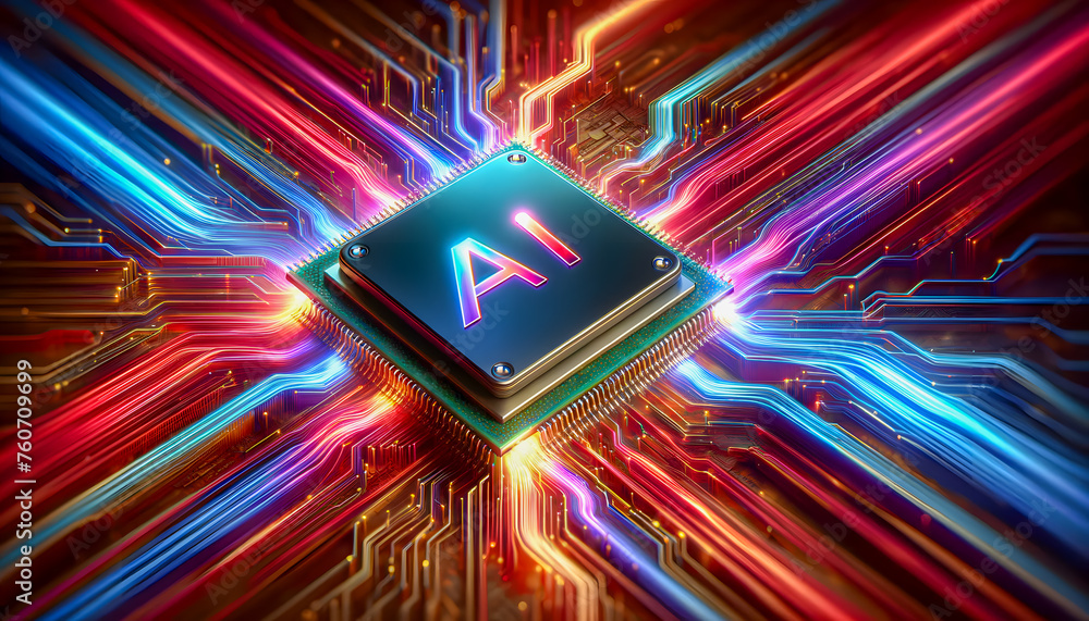 Aufkleber central ai processor with neon red and blue light pathways on a circuit.