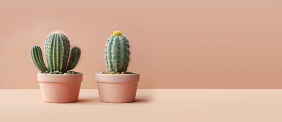 Fototapeta premium Minimalism interior design with cactus. Banner with space for text