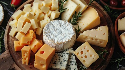 Cheese background. Beautiful assortment of cheeses and vegetables in vintage style on a marble background for design.