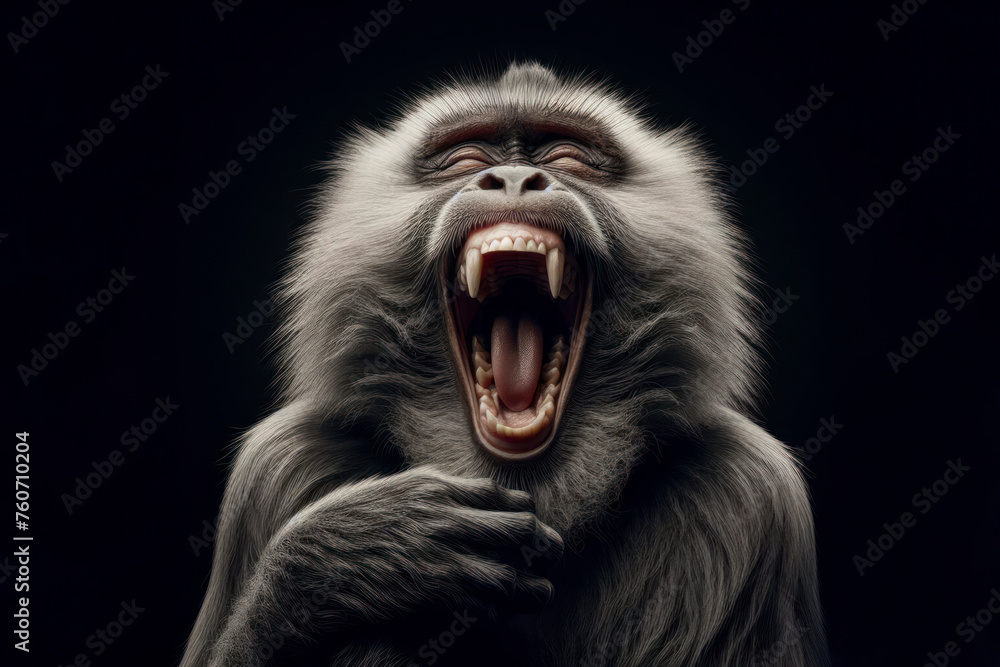 Poster monkey roaring with laughter with a comical expression isolated on solid black background. ai genera