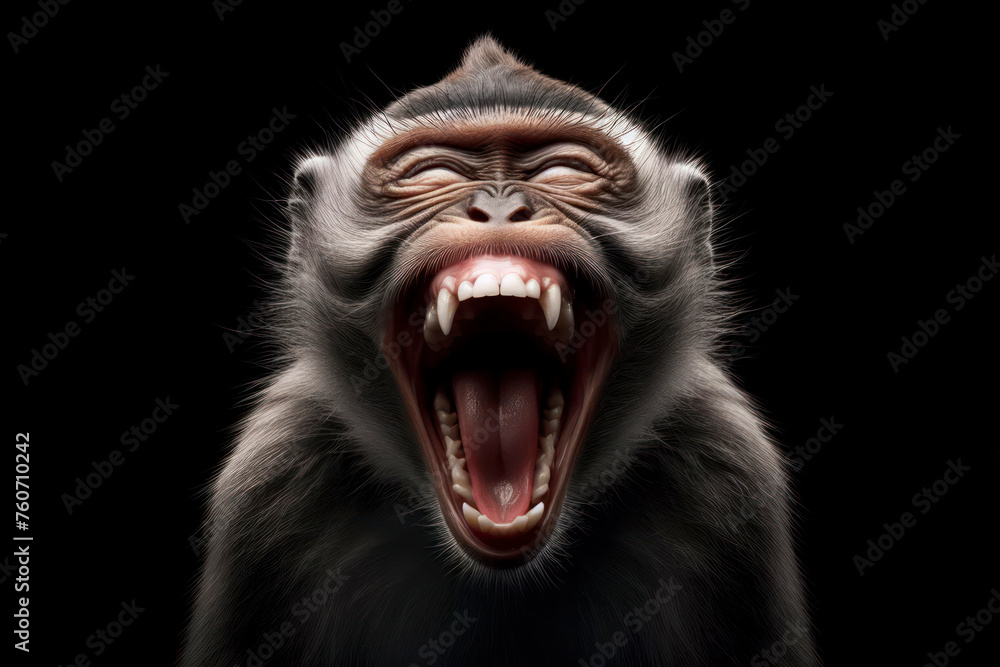 Poster monkey roaring with laughter with a comical expression isolated on solid black background. ai genera