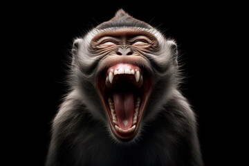 Monkey roaring with laughter with a comical expression isolated on solid black background. ai generative