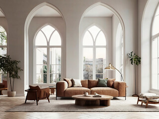 living room interior mockup, modern furniture and decorative arch with trendy dried flowers with white sofa and armchair on the White Background