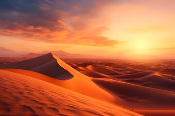 Fototapeta na wymiar Sunset at Desert Dunes: A stunning desert landscape bathed in warm hues as the sun sets over the rolling sand dunes.