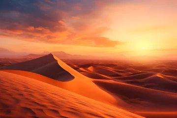 Selbstklebende Fototapeten Sunset at Desert Dunes: A stunning desert landscape bathed in warm hues as the sun sets over the rolling sand dunes.   © Tachfine Art