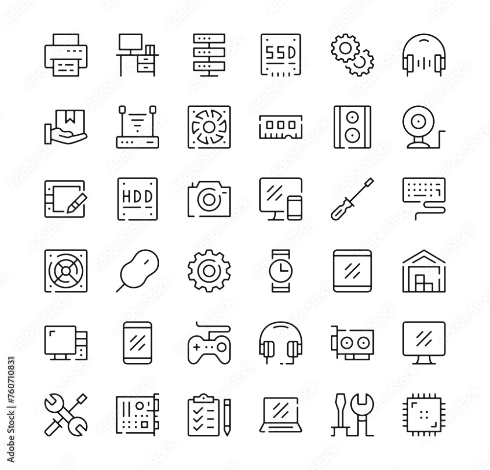 Poster computer hardware icons set. vector line icons. black outline stroke symbols
