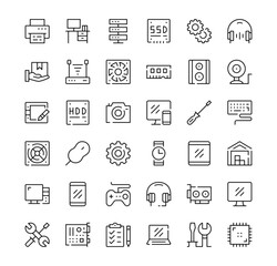 Computer hardware icons set. Vector line icons. Black outline stroke symbols