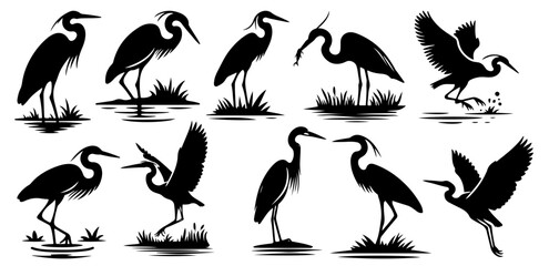 This collection of heron silhouettes showcases the birds in various activities such as flying, fishing, and resting. Designed in a minimalist black and white style