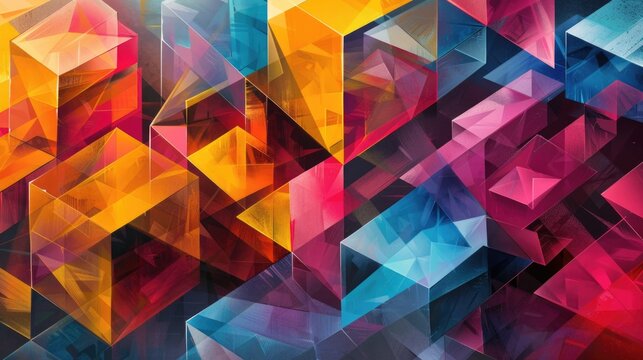 A colorful abstract painting of cubes and triangles.