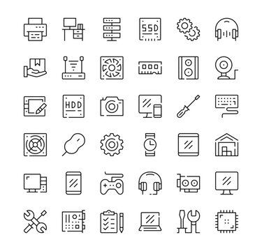 Computer hardware icons set. Vector line icons. Black outline stroke symbols