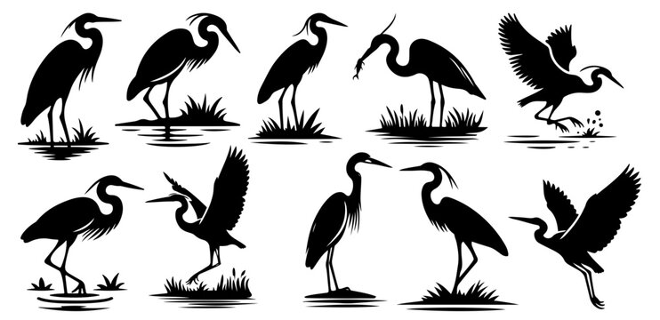 This collection of heron silhouettes showcases the birds in various activities such as flying, fishing, and resting. Designed in a minimalist black and white style