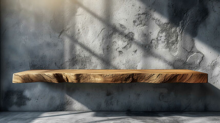 Close up view of a empty wooden lowboard for product display, with spacious gray cement wall, minimalistic, muted color tone, industrial loft style...