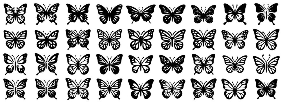 Embrace the delicate beauty of butterflies with this enchanting collection of silhouettes, featuring various species both at rest and in mid-flight. 