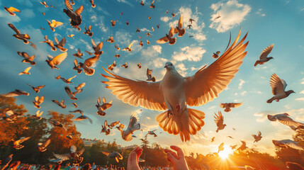 Flock of Birds Flying Over Crowd of People - obrazy, fototapety, plakaty