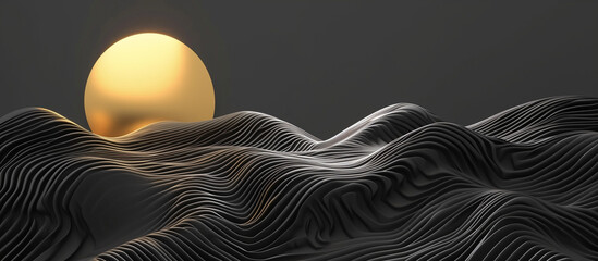 Mountain minimalistic landscape concept background design. Black mountains and golden sun or moon horizontal banner. Digital artwork raster bitmap. AI artwork. 