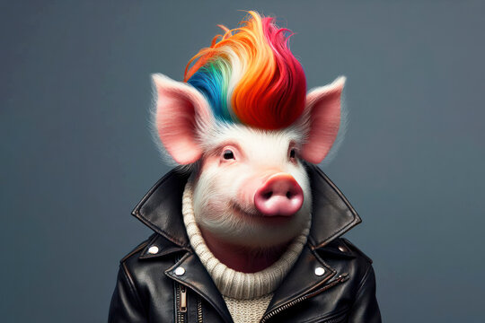 Portrait Pig Wear Leather Jacket With Color Mohawk Hairstyle On Solid Color Background. Ai Generative