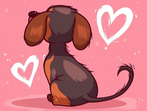 A cartoon dog with hearts in the background.