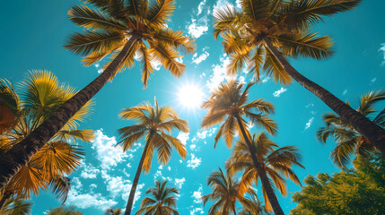 looking up a group of palm trees and the sun - Powered by Adobe