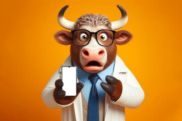 Shocked bull in glasses holding smart phone mockup white screen isolated on color solid background. ai generative