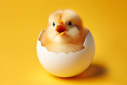 surprised baby chicken with open mouth look out egg over bright yellow background. ai generative