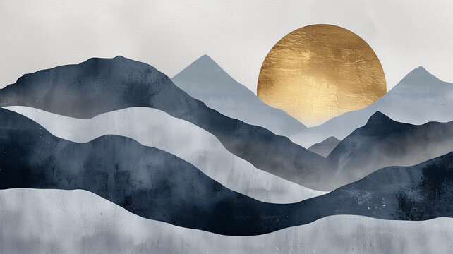 Mountain minimalistic landscape concept background design. Gray mountains and golden sun or moon horizontal banner. Digital artwork raster bitmap.