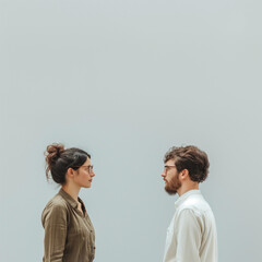 Take a photo of two people talking against a light background, at the top of the photo leave space for text