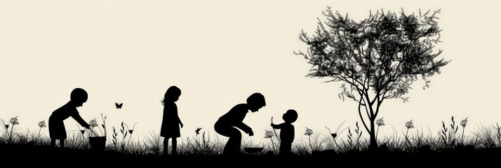 Children planting tree silhouette illustration - obrazy, fototapety, plakaty