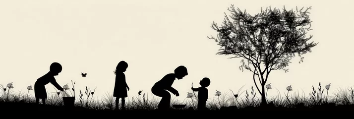 Foto op Canvas Children planting tree silhouette illustration © Lakkhana
