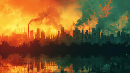 Fototapeta premium A city skyline with a lot of smoke and fire in the background