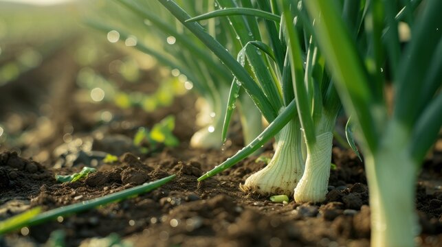 Growing leek onion harvest and producing vegetables cultivation. Concept of small eco green business organic farming gardening and healthy food