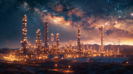 Obraz premium A city with many buildings and a large oil refinery