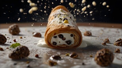  [cannoli] floating in the air, cinematic, food professional photography,  - obrazy, fototapety, plakaty