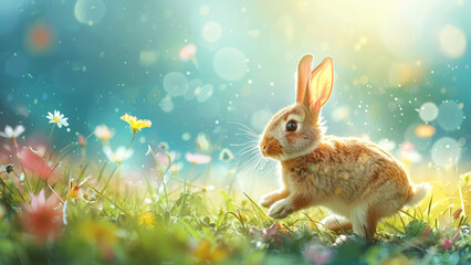 Obraz premium Enchanted Bunny in Sunlit Spring Meadow