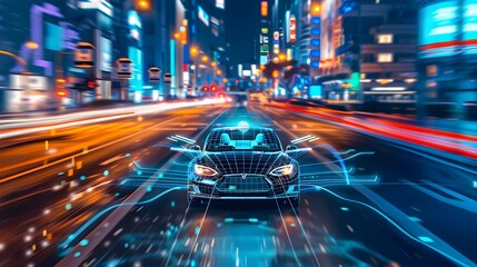 Futuristic Car Navigating Cityscape with Advanced Holographic Technology